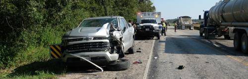 A four vehicle pile-up at the intersection of US 77 and Rabbs Prairie Rd. on Monday resulted in minor injuries to a woman and a child.