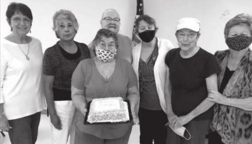Celebrating September birthdays was: Madeline Schneider, Mary Ramirez, Betty Gabler, Misty Schindler, Sandy Colvin, Judy Klesel. Holding the cake is Carolyn Moore.