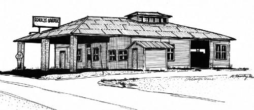 Courtesy of the Fayette Heritage Museum and Archives, M. Shurley made this pen and ink drawing of the Schulze Garage in La Grange for a 1998 calendar produced by Hengst Printing &amp; Supplies for its customers.