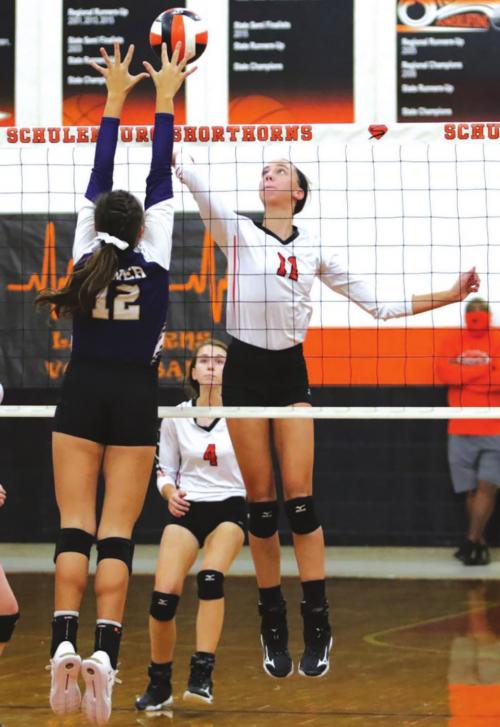 Schulenburg’s Meredith Magliolo jumps to the ball in Tuesday’s victory over Shiner. Photo by Audrey Kristynik