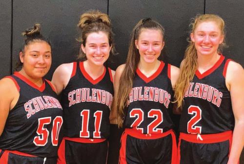 Tuesday’s victory by Schulenburg gave five Lady Horn seniors 100 career high school basketball victories. From left to right: Lidia Lara, Morgan Marburger, Julie Guentert and Erica Otto. Not Pictured was Emily Rodriguez.