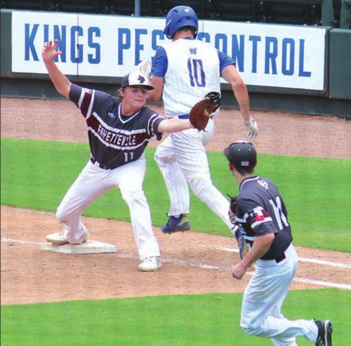 This throw from Reid Gross to Parker Vitek at first just beat the Nazareth runner. Photos by Jeff Wick