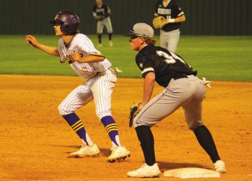 La Grange’s Bennett Barber is shown here on first base after getting the Leps’ only hit Friday. Photo by Jeff Wick