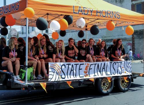The members of the Schulenburg volleyball team were state semifinalists a year ago, and the members of that team were honored as co-parade marshals (along with Uncle Sam) in the Schulenburg Festival parade earlier this month. The Lady Horns open their 2026 season Tuesday at Sealy. Photo by Andy Behlen