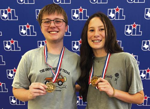 Two La Grange High School students earned medals at the state UIL Academic Meet in Austin last week. Eleanor Carey, right, placed 4th in state in individual Literary Criticism. She is coached by Laurie Stork. Landon von Minden, left, was 4th place individual in Computer Applications. He is coached by Tara Bennett.