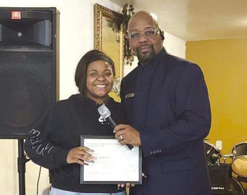 Kyah Powell was recently awarded the James W. Carlton Community Memorial Scholarship in the ammount of $500. The scholarship is sponsored by St. Paul M.B. Church of Weimar. Presenting the scholarship to Kyah was Pastor Walter S. Walker.