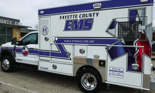 Fayette County EMS received a new Frazer ambulance last week. This ambulance cost about $310,000 and was paid for by in part a generous donation made by Steve Hillhouse in 2023. Photo by Andy Behlen