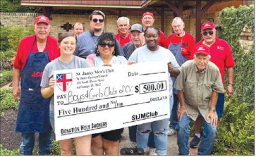 The St. James Men’s Club, Holy Smokers, cooked for the Boys and Girls Club of Champion Valley. Pictured (front, from left) are Jennifer Owens, Executive Director; Maria Ortiz-Verde, Columbus Director; Anita Cook, Weimar Director; Dan Boyles; back row: Bill Rugeley, Jason Krupala, Brian Novak, Club Coordinator, Jim Gilley, Mike Parrish, Larry Kahanek, Paul Crain, and Jim Malik.