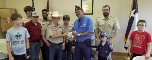 Thomas Rabb, Jr. Adjutant Shelby American Legion Post 602 and Steven Rabb, Adjutant S.A.L. Squadron 602, presented checks to Industry Boy Scouts for participation in a recent flag retirement ceremony. Checks represent the proceeds from the flag retirement breakfast.