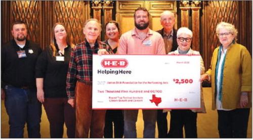 H-E-B partners Lance Barr, Kristi Green, Kayla Clark and Donnie Lowes with James Dick, Founder and Artistic Director, holding check, Lamar Lentz, Margie Lowell, and Pat Johnson representing Festival Hill.