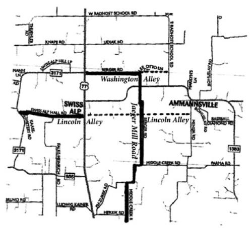 The former locations of Washington and Lincoln Alleys on this map are highlighted with darker horizontal lines. The darker vertical line indicates the location of the old Jaeger Mill Road.