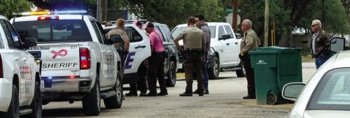 Officers from multiple agencies assisted with a search for a pair of burglary suspects in La Grange on Monday, Oct. 17. Pictured above was the scene on Pecan St. after officers apprehended one of the suspects. The suspects were released after the property owner declined to press charges. Photo by Andy Behlen