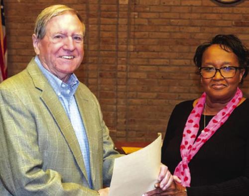 Mayor Jan Dockery, right, declared Feb. 14, 2022 as Richard Schultze Day in La Grange. Schultze is shown, left.