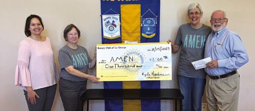 The Rotary Club of La Grange recently made a donation to the AMEN Food Pantry in the amount of $1,500 (even more than shown on the check above). Pictured here are President Elect Hannah Janda, Mary Lou McElroy and Susan Schultz representing AMEN, and Rotary Treasurer Larry Jackson.