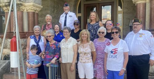 Smith-McMillan Chapter, DAR hosts “Ringing of the Bells” Ceremony with a Proclamation from Honorable Judge Dan Mueller celebrating Constitution Day, Sept. 17 and Constitution Week 2025. Pictured left to right: bottom row: Smith-McMillan Chapter Chaplain, Sherry Hebert with grandson, Andrew Stewart; DAR members Kay Marburger, Lois Wink, Jackie Head, Treasurer; Carolyn Caflisch, Regent; Kathy Shatte, Vice-Regent and Constitution Week Chairman; and VFW #5254 Chapter member Scott Jones; second row: VFW Auxiliar
