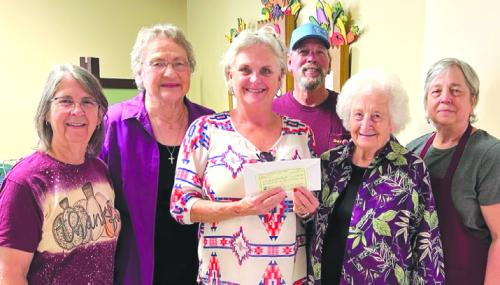 SPJST Lodge 8, Weimar made a monetary donation to the Schulenburg Area Food Pantry. Pictured from left: Becky Jares, Carolyn Tobola, Lodge members, Debra Blansitt, SAFP president, Gerald Smith, pantry volunteer, Henrietta Veselka, Lodge member and Debbie Behlen, pantry volunteer.