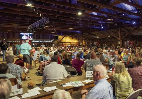 A standing-room-only crowd of about 400 squeezed inside Freyburg Hall on Sunday for a meeting of landowners concerned about the wind turbine project in Fayette County proposed by Apex Clean Energy. Photo by Andy Behlen