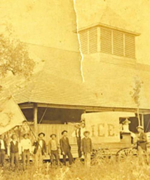 Members of the Bluff Schuetzenverein and the Kreische Family stand in front of the Bluff Schuetzenverein Pavilion which once stoon on the Bluff, c. 1870s-1928.