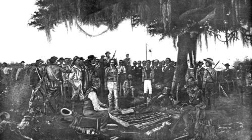 Joel Robison is pictured on a horse above and to the right of Santa Anna, who is standing at Houston’s feet, in this black and white reprint of William Henry Huddle’s painting, “Surrender of Santa Anna: The Day After the Battle of San Jacinto.” Provided to The Portal to Texas History by the Star of the Republic Museum.