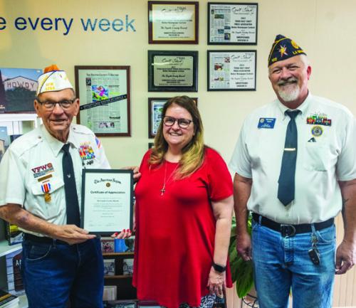 American Legion Post 102 of La Grange presented the Fayette County Record with a certificate of appreciation for service to American Legion programs and activities. Pictured are (from left) Post 102 Chaplain Dick Frenzel, Fayette County Record Publisher Regina Keilers and Post 102 Commander Richard Gray. Photo by Andy Behlen