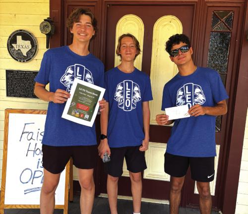 Congratulations to La Grange Leo Club winning team in last Saturday’s downtown scavenger hunt. Special thanks to Katy Beauford with the Faison Preservation Society, Charles Murray with the Texas Heroes Museum, and Gale Lincke with the MKT Railroad Depot and Museum for sponsoring this event for our youth to learn more about history. Pictured left to right Leo club President Deacon Wick and Leo Club members Maddox Wick and Grayson Hart