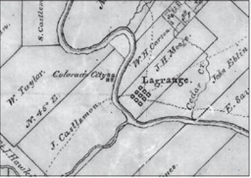 Detail showing the sites for both Colorado City and La Grange along the Colorado River on an 1840 map of Fayette County by W. H. Sandusky, Texas General Land Office draftsman.