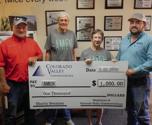 The employees of Colorado Valley Communications (CVC) recently presented a $1,000 donation to AMEN Food Pantry. The money comes from voluntary payroll contributions by the CVC employees to support local charities. Pictured are (from left) CVC Maintenance Technician Deric Weyand, AMEN Vice President Susan Schultz, AMEN Volunteer Mary Lou McElroy, and CVC Splice Technician Tim Gaytan. Staff photo by Andy Behlen