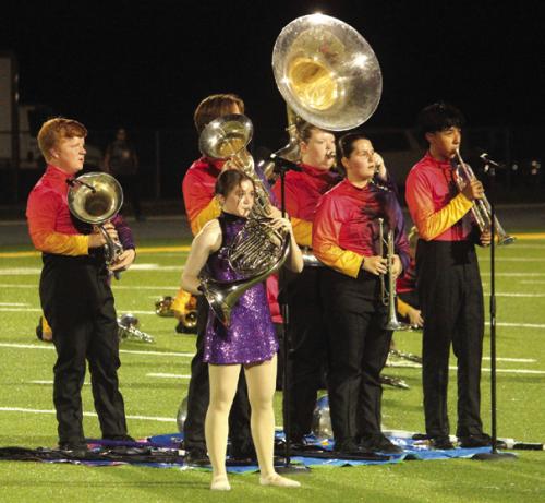 From left to right, La Grange soloists, during last Friday’s halftime performance – Grady Kocian, Kayden Cooper (obstructed), Layla Pietsch, Madison Messer, Lauren Rusek, Yahir Soriano. Photo by Jeff Wick