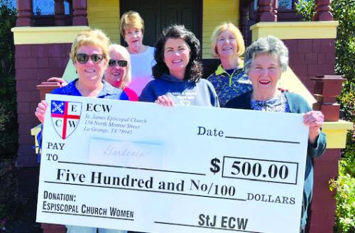 ECW (Episcopal Church Women) recently baked and donated $500 to the Gardenia E. Janssen Animal Shelter. Pictured front from left: Jane Malik, Teresa Stanley-Brown, Shelter Director, and Virginia James; back row: Carolyn Cheatham, Fran Mason, and Lil Landry.