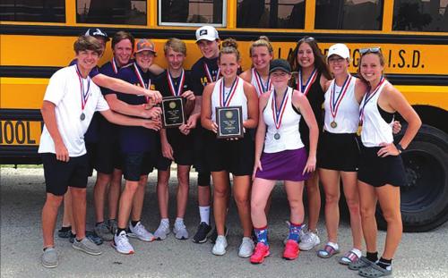 The La Grange varsity tennis players hold up their district title plaques.