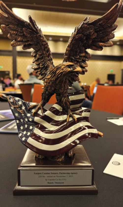 Fayette County Sheriff Keith Korenek reports that drug interdiction Sgt. Randy Thumann was recently recognized on April 16 for the largest cocaine seizure in 2023, of 220 pounds, at the Annual Blue Lightning Operations Center at the Gulf Coast HIDTA conference in Biloxi,