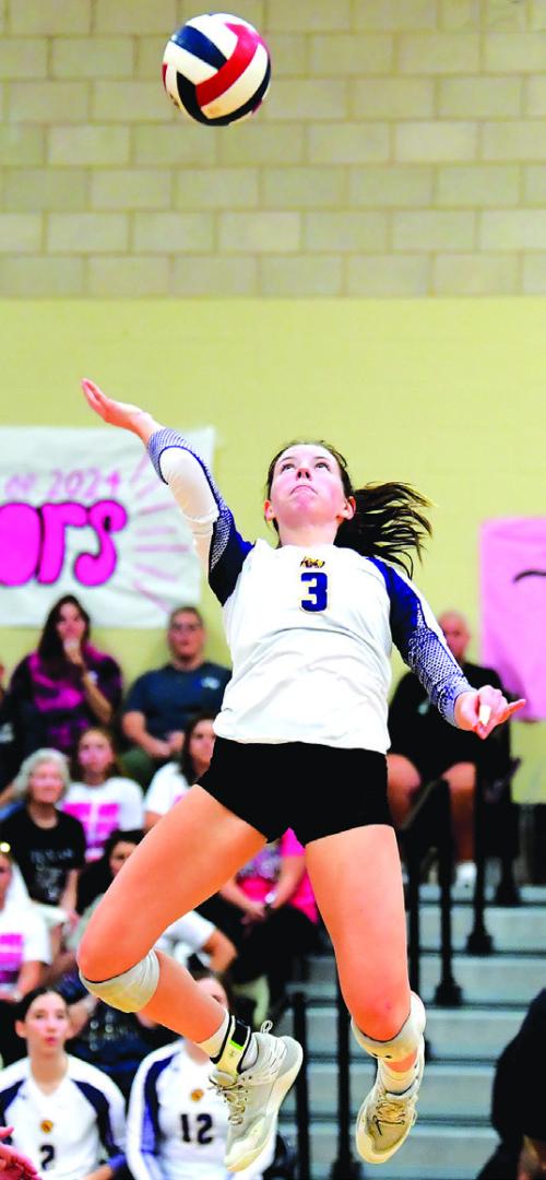 La Grange’s Hailey Hill hits a ball in the regular season volleyball finale against Giddings. Photo by Stephanie Steinhauser