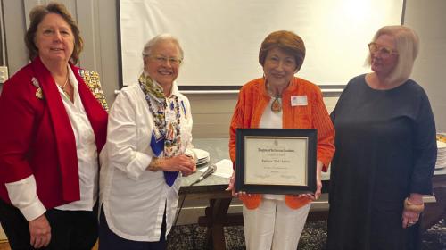 Pictured from left is: Cathleen Tutt, Vice Regent; Sally Reynolds, Community Service Awards Chairperson; Pat Settle, Community Service Award Recipient; Sarah Mabry, Organizing Regent of the Smith-McMillan Chapter, NSDAR.