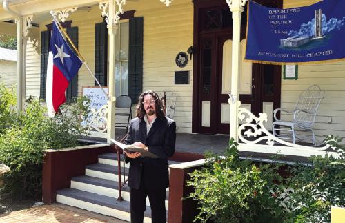 Garrett Reavis, above, portrayed iconic La Grange resident Nathaniel Faison Saturday as the Historic Faison House presented “Nathaniel Faison: Explorer and Texas Hero,” a program for guests to learn about the notable life of Nathaniel Faison, a survivor of the Dawson Massacre. The event was part of the Texas Heroes Day events in La Grange. Photo by Jeff Wick