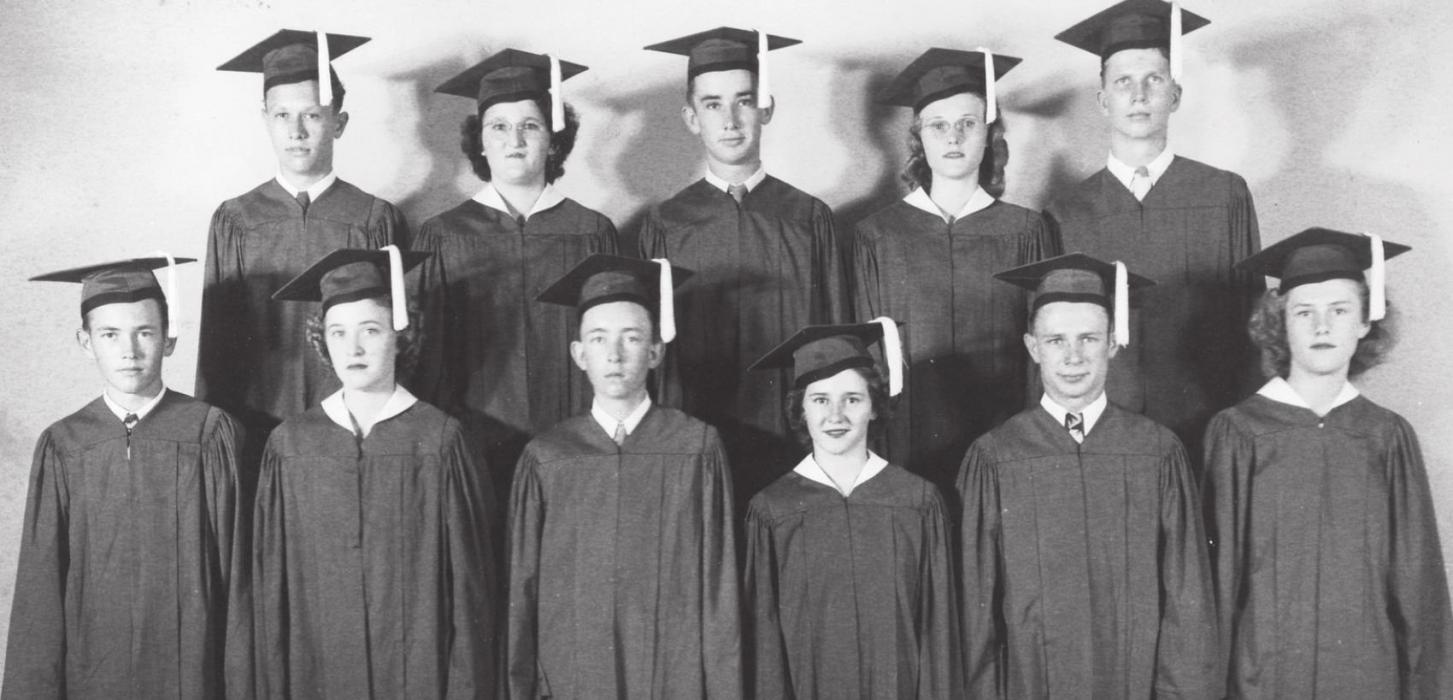 George Wagner was on the front row, second from right in the 1945 graduating class of Round Top-Carmine High School. The other students included (back row, left to right): Cleburne Schulze, Virginia Weikel, Howard Fuchs, Nevilie Fuchs and Alfred Wagner Jr. (Front row, left to right): Eldie Roski, Della Marie Rachui, Durwood Fuchs, Bonibell Bergmann and Eurline Weigelt. Photo courtesy of Fayette Heritage Museum &amp; Archives.